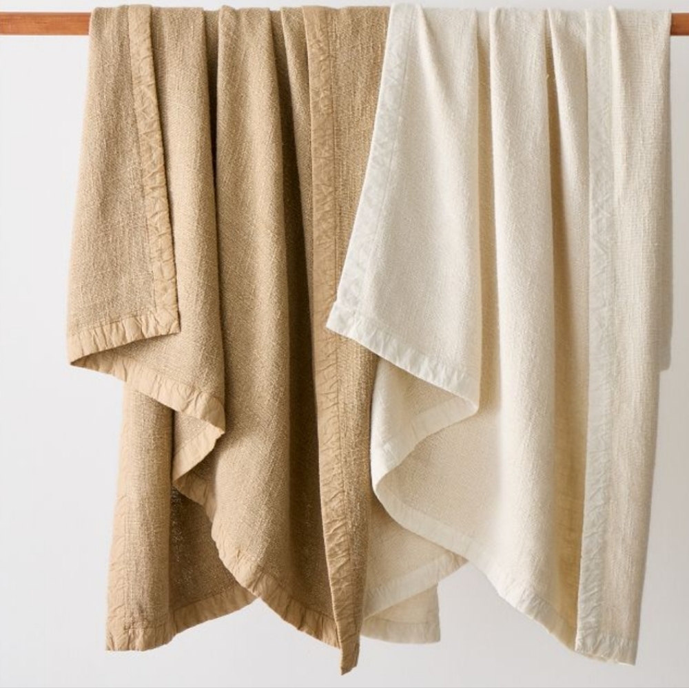 ❤️BUY 2 GET 1 FREE  West Elm Luxurious Tan Bedding Viscose Linen Throw, Natural - Picture 2 of 14